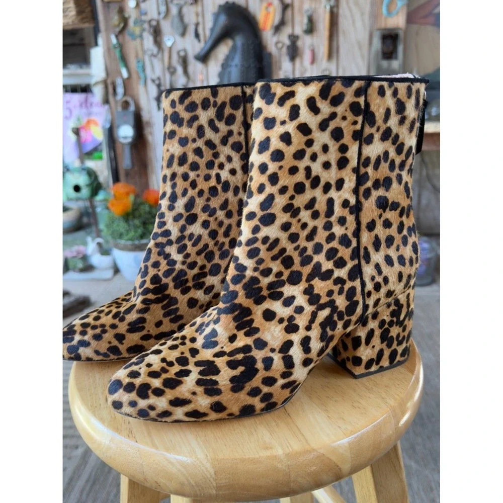 J.Crew Leopard‎ Calf Hair Ankle Boots Block Heel Booties 7.5sz